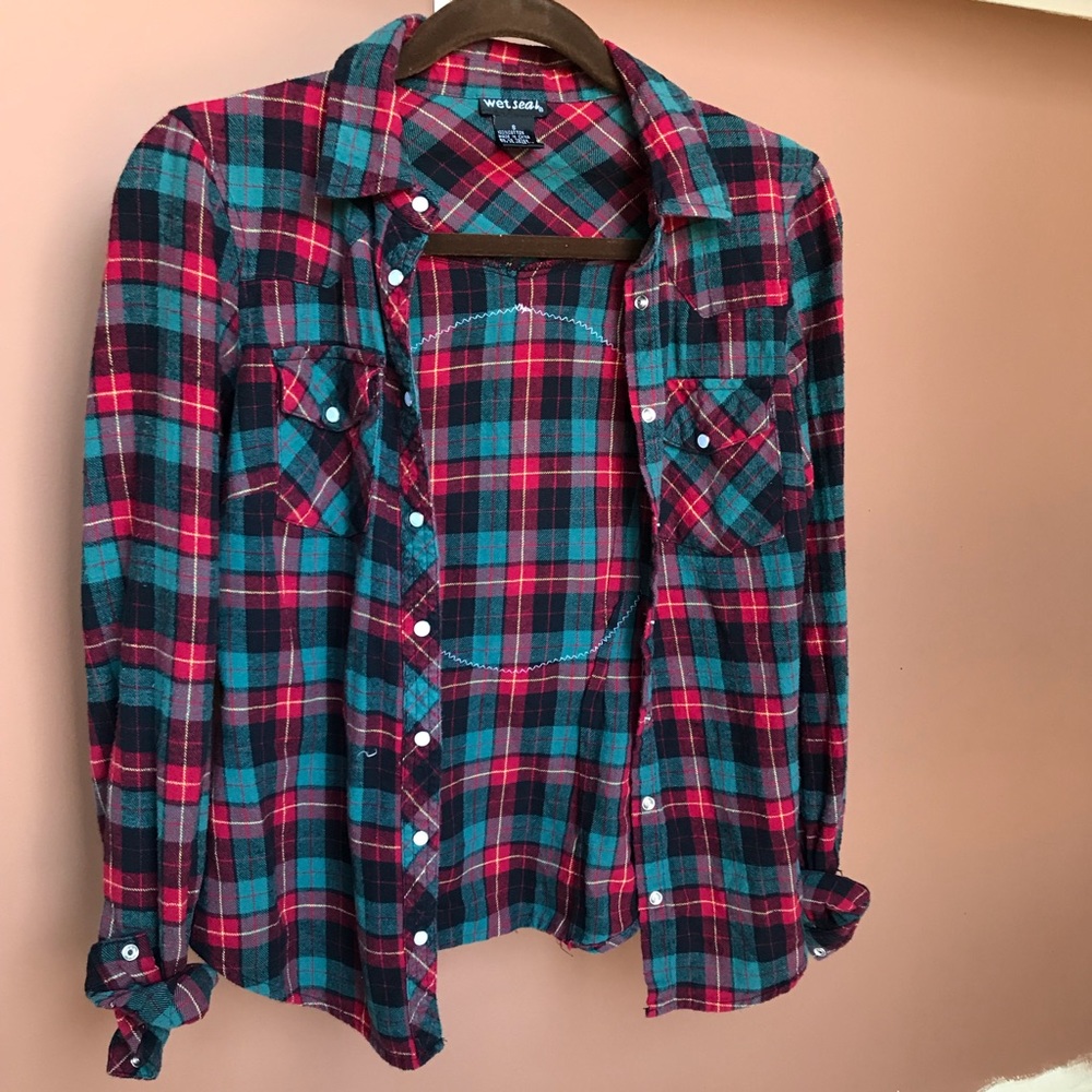 Green and Red Plaid Flannel w/ Lace Appliqué